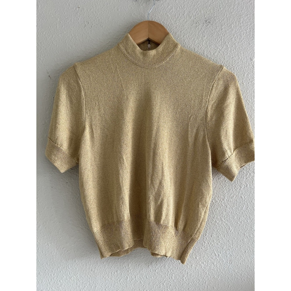 St John Marie Gray Knit Top Small Mock Neck Short Sleeve Beige Gold Quiet Luxury
